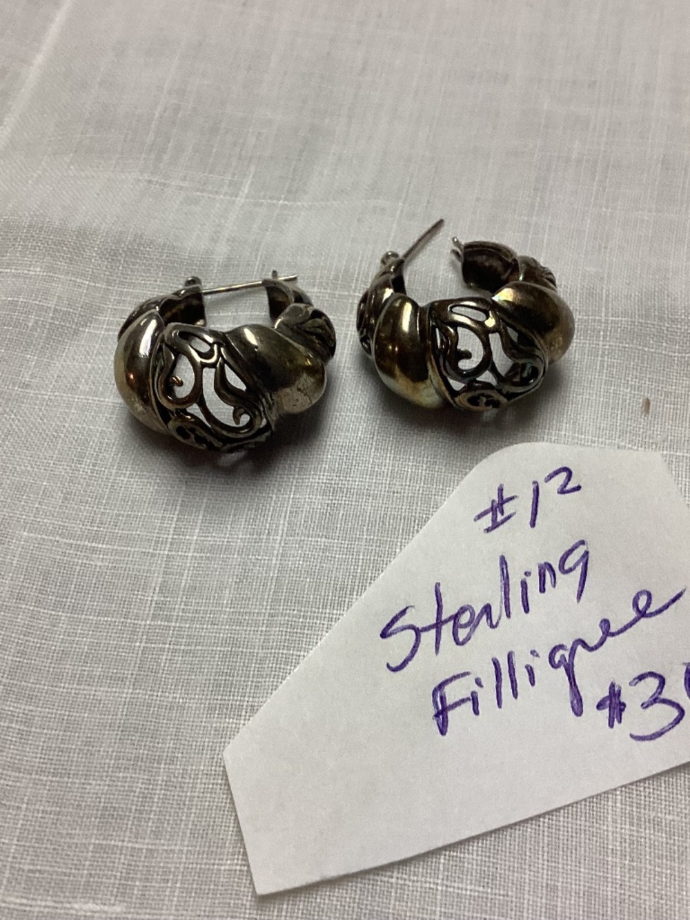 Sterling hoop filigree earrings. Nice size